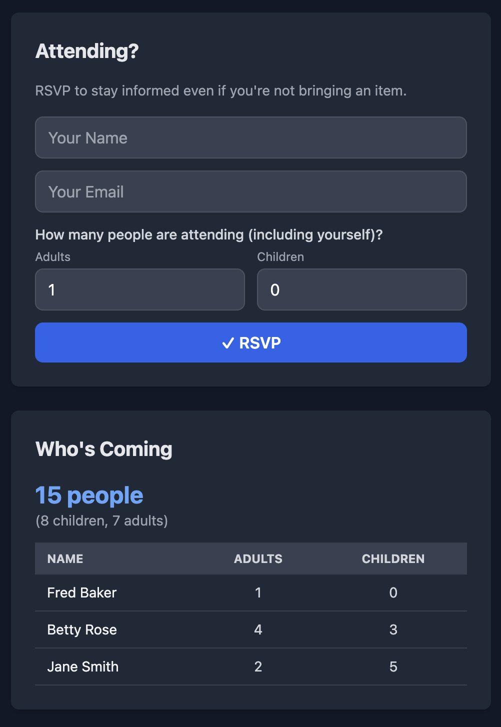 RSVP Signup example - Dark Theme