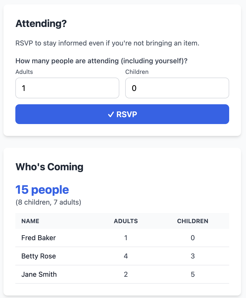 RSVP Signup example - Light Theme